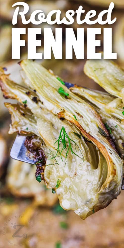 roasted fennel roasted in the oven, on a spatula garnished with fennel fronds, with a title