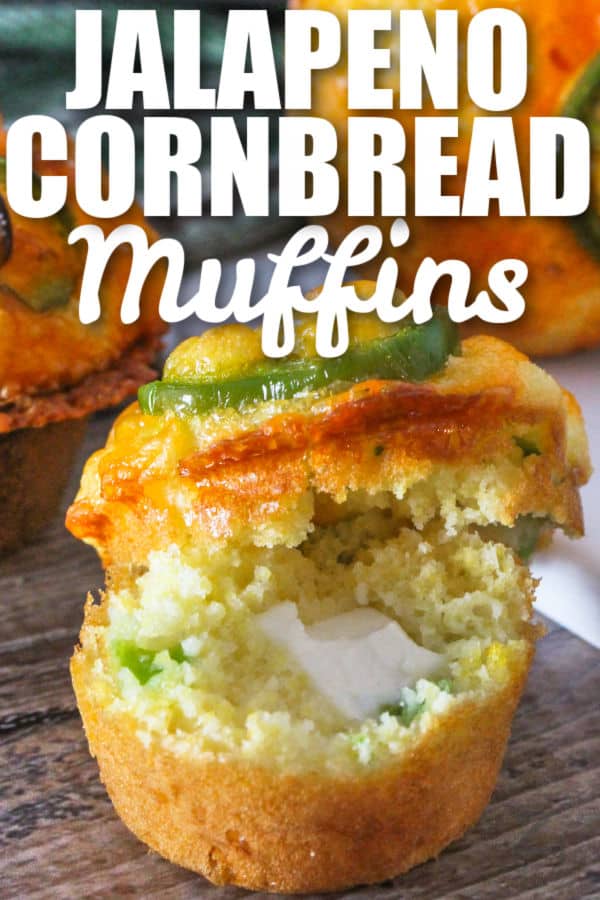 close up of cooked Jalapeno Cornbread Muffins with writing