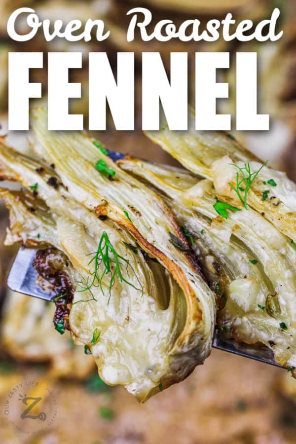 oven roasted fennel on a spatula garnished with fennel fronds, with a title