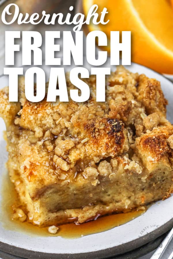 plated Overnight French Toast Casserole with a title