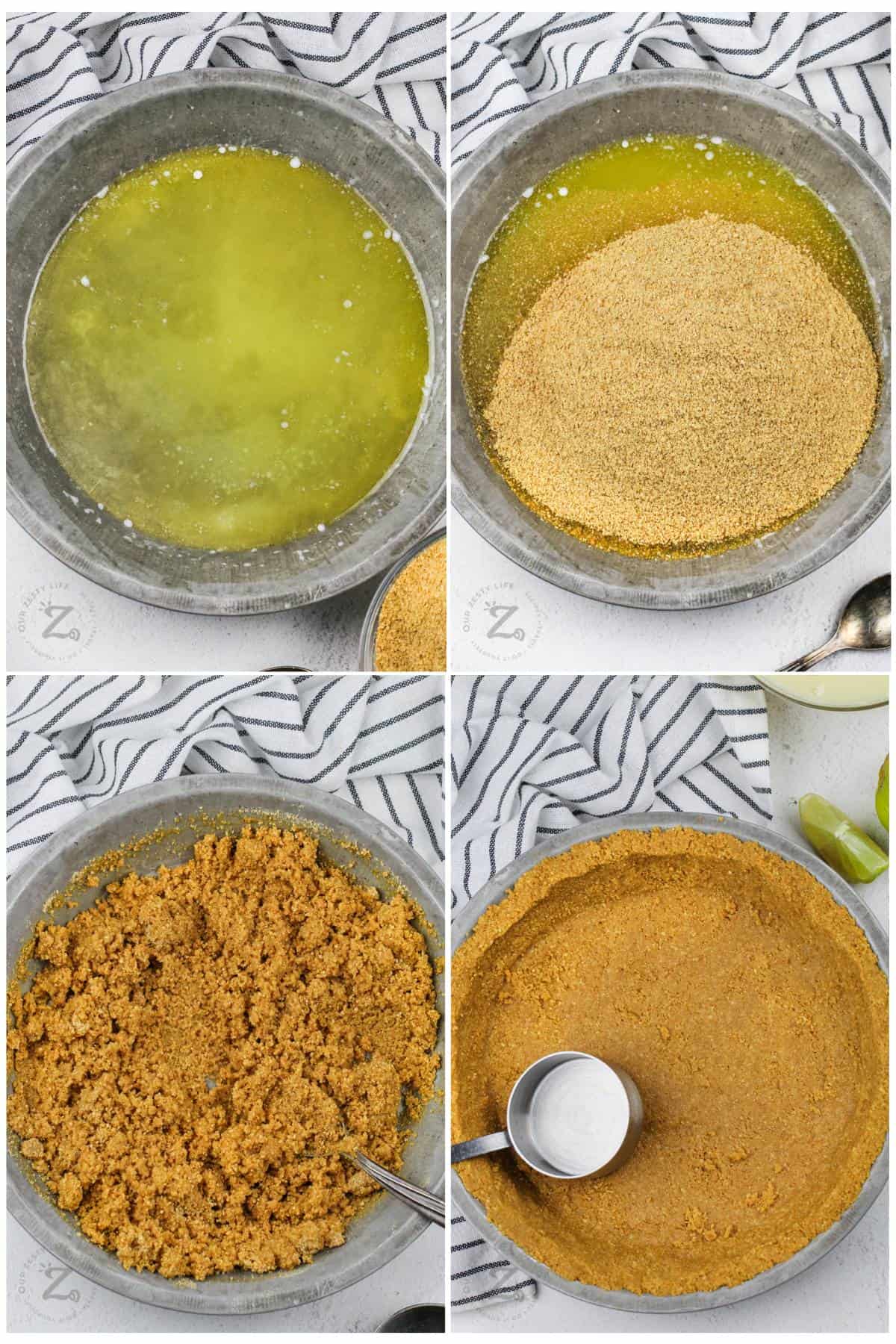 adding ingredients to pie crust pan to make crust for Key Lime Pie