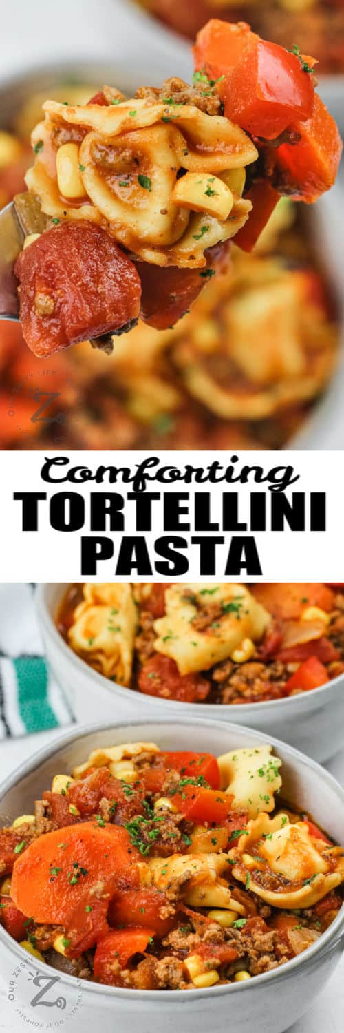 One Pot Tortellini Pasta in bowls and on a fork