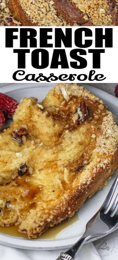 slice of Overnight Panettone French Toast with syrup and writing