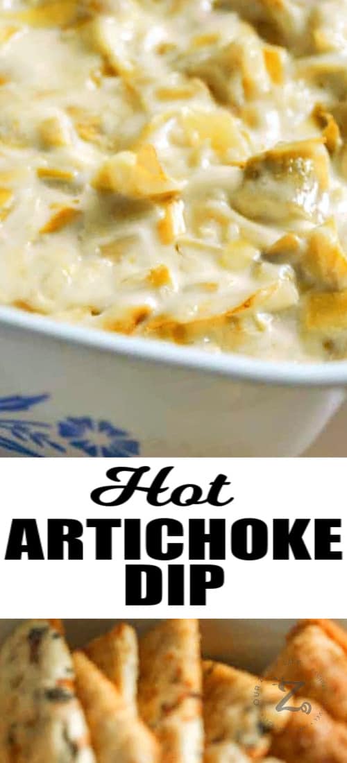 hot artichoke dip in a casserole dish with crackers in front of it, with a title