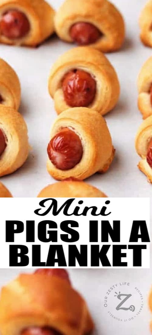 cooked mini pigs in a blanket on a parchment lined baking sheet with a title