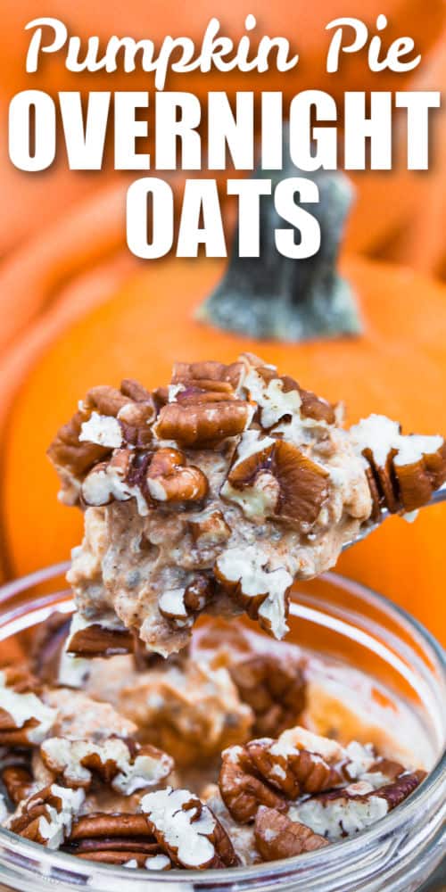 taking a spoonfull of Pumpkin Overnight Oats out of the jar