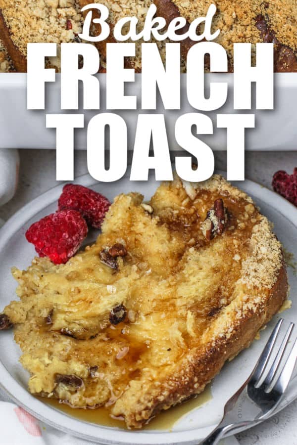 slice of Overnight Panettone French Toast with syrup and a title