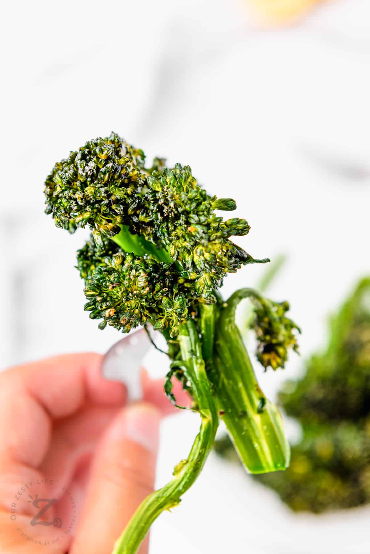 Air Fryer Broccolini on a fork