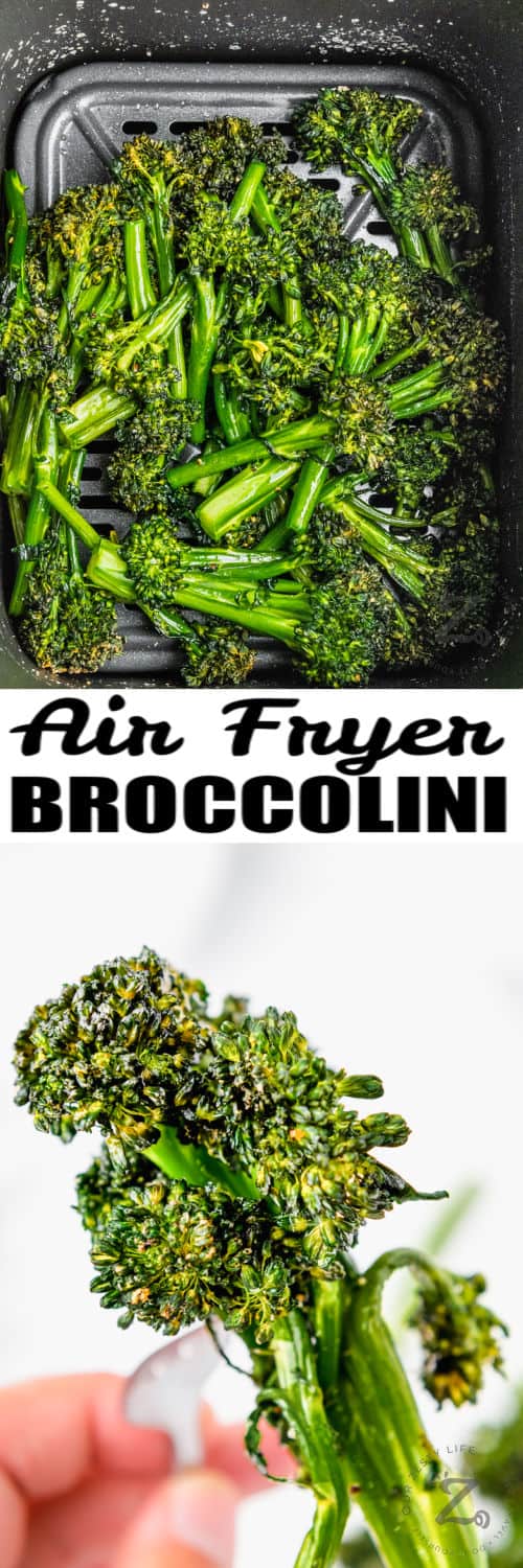 cooked Air Fryer Broccolini in the fryer and on a fork with writing