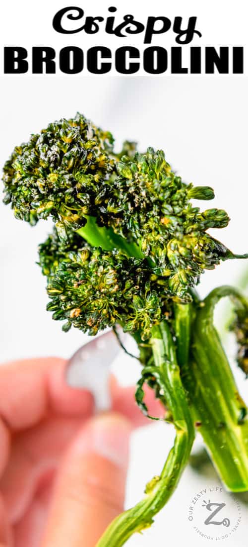 Air Fryer Broccolini on a fork with writing