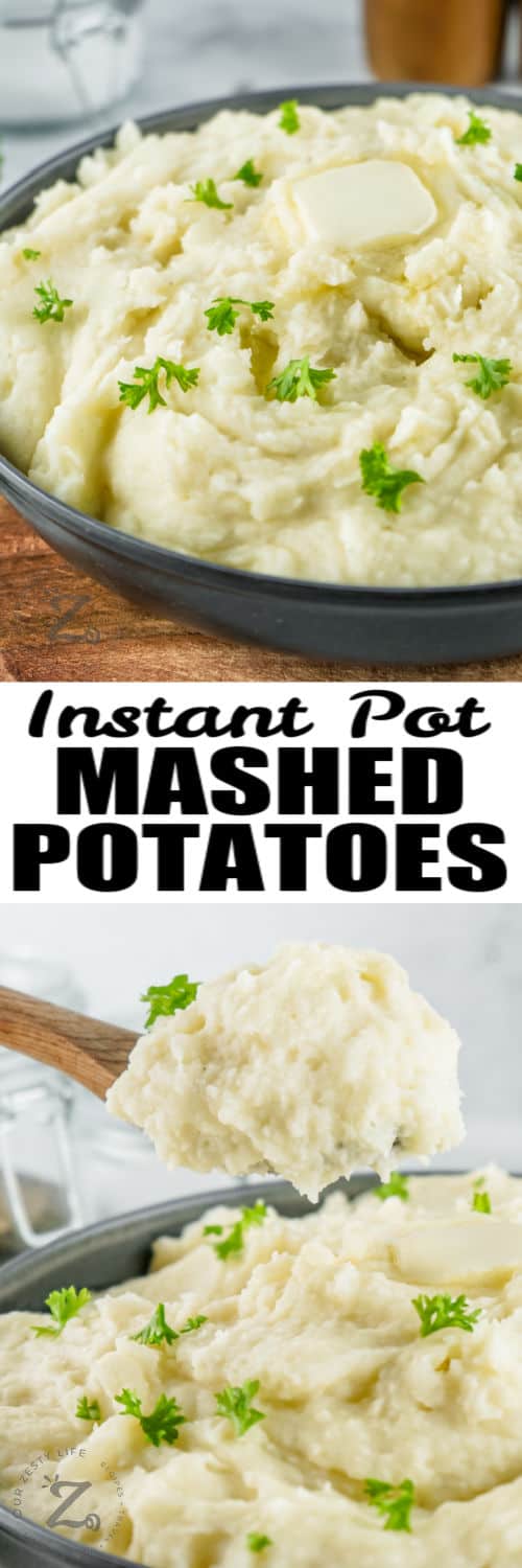 plated Instant Pot Mashed Potatoes and taking a spoonful from the bowl with writing