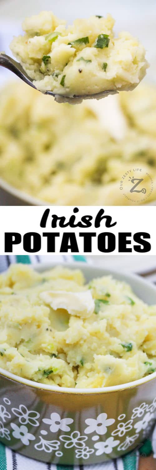 Irish Potatoes in a bowl and on a spoon with a title