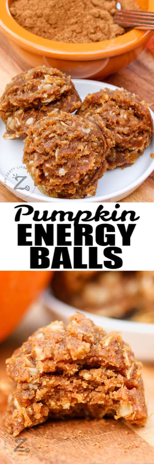 Pumpkin Energy Balls Recipe on a plate and close up with writing