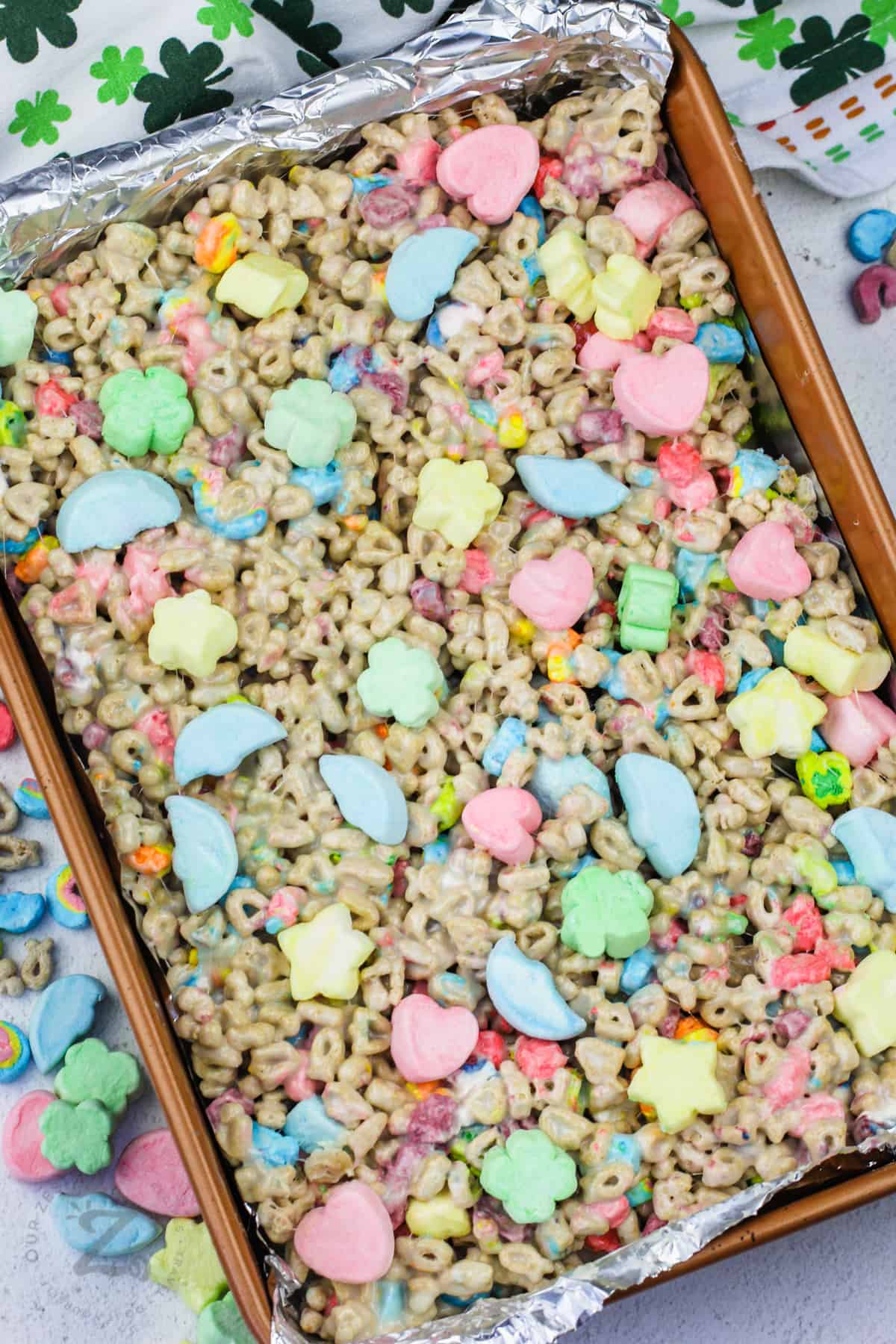 Lucky Charms Marshmallow Treats Squares in the pan