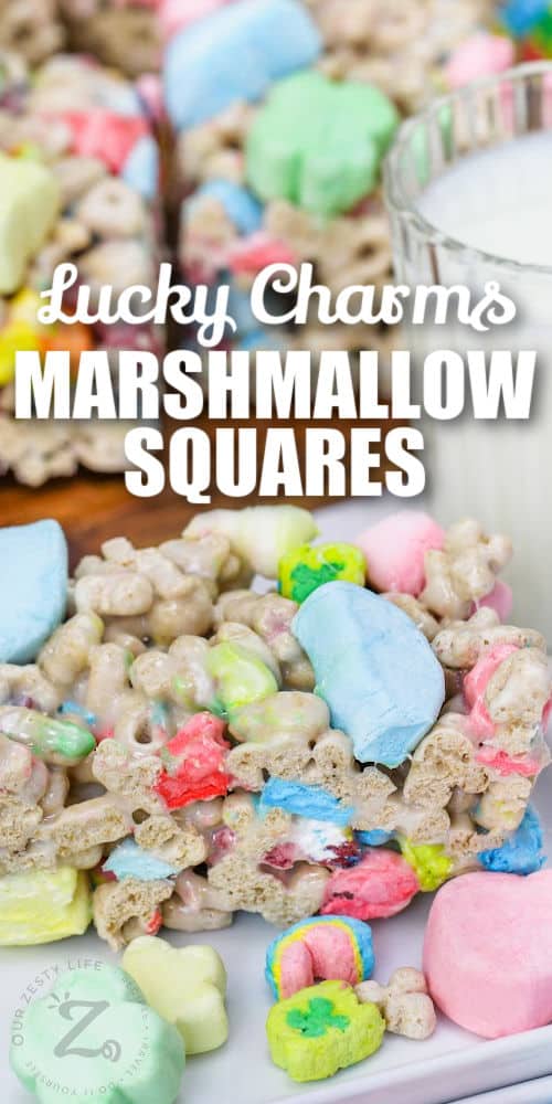Lucky Charms Marshmallow Treats Squares with milk and a title