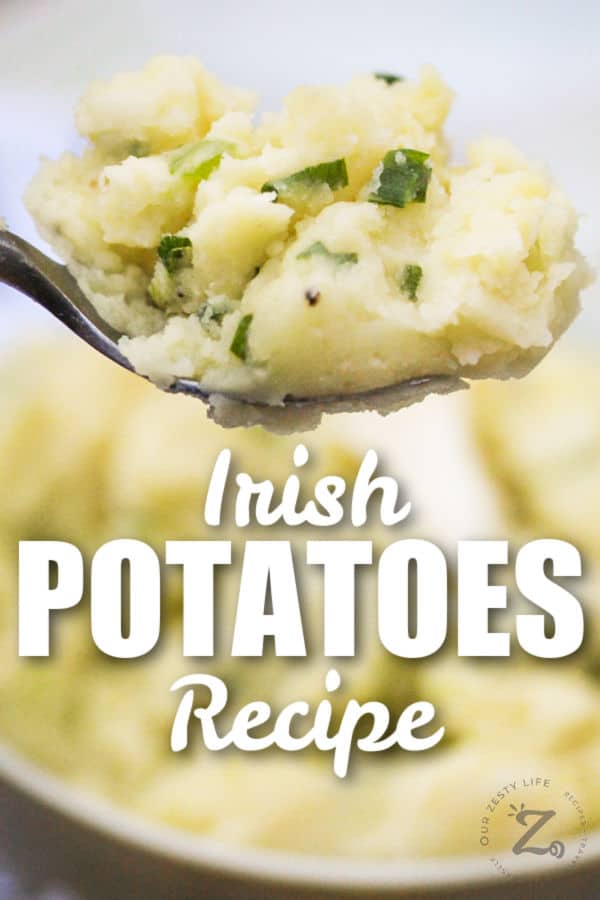 Irish Potatoes on a spoon with writing
