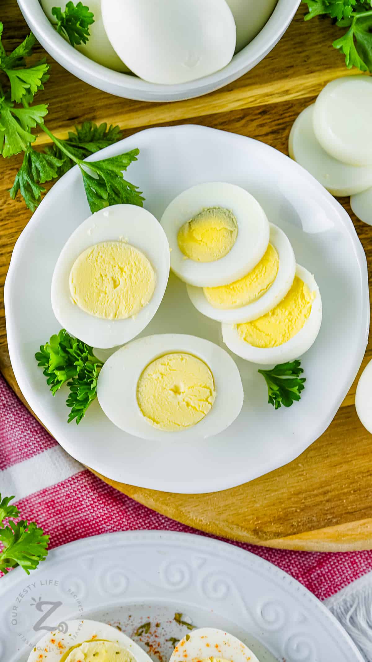 plated and sliced Air Fryer Boiled Eggs