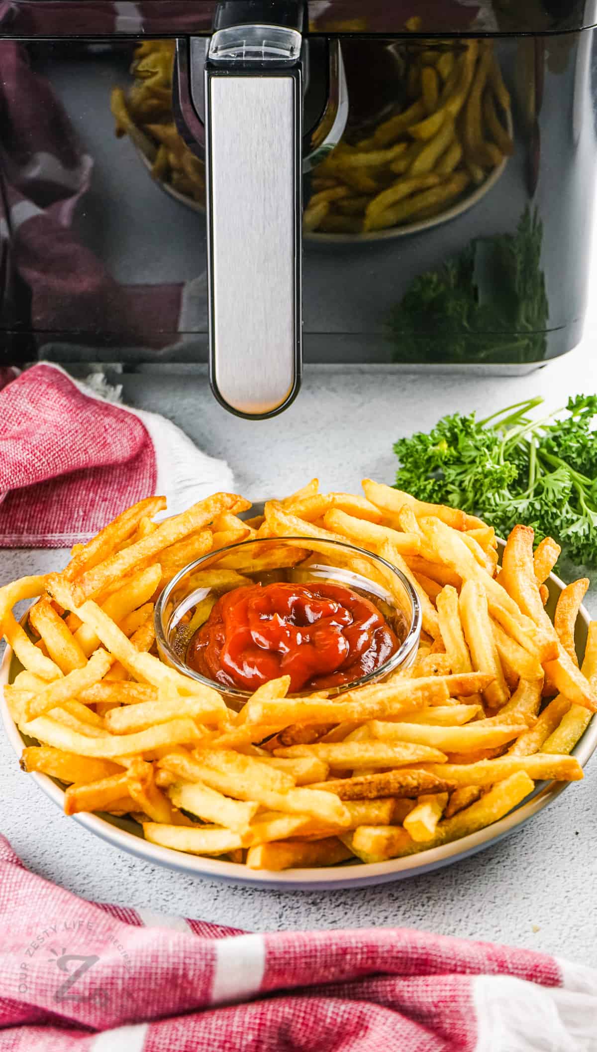 Air Fryer Frozen French Fries on a plate with air fryer in the back