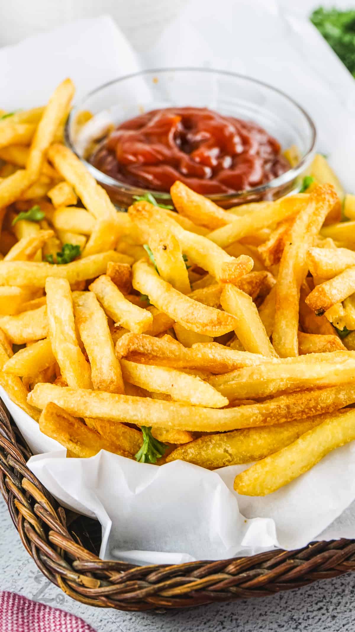 Air Fryer Frozen French Fries with ketchup