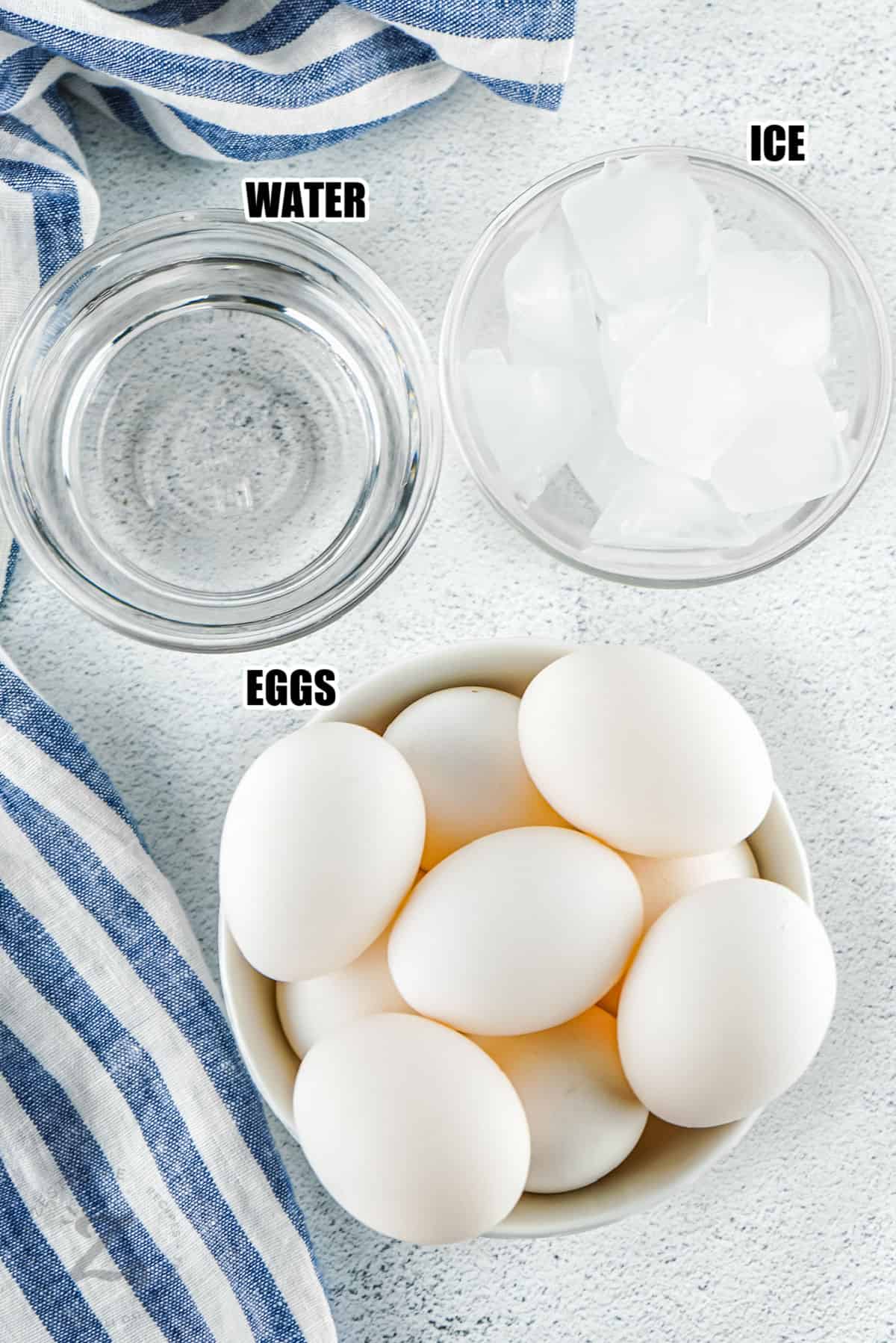 water , ice , eggs with labels to make Instant Pot Eggs