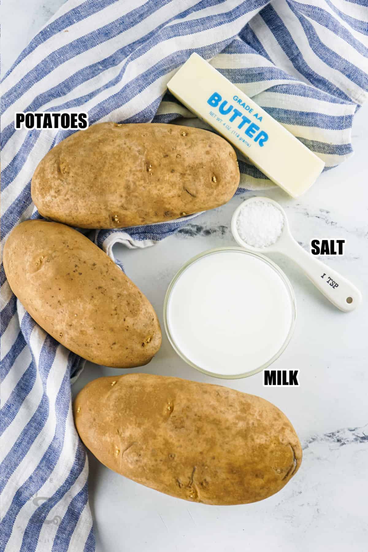 potatoes , salt , butter and milk with labels to make Instant Pot Mashed Potatoes