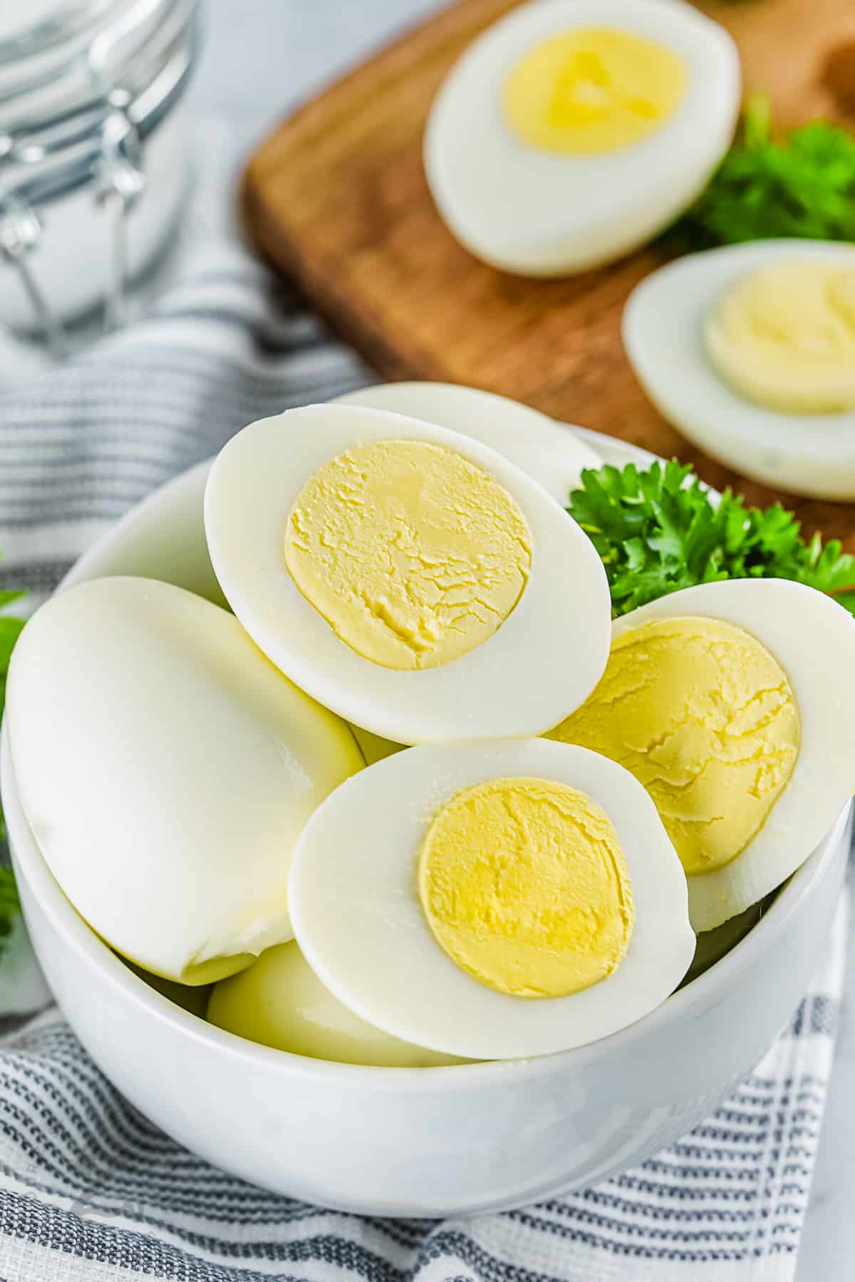bowl of Instant Pot Eggs cooked and sliced
