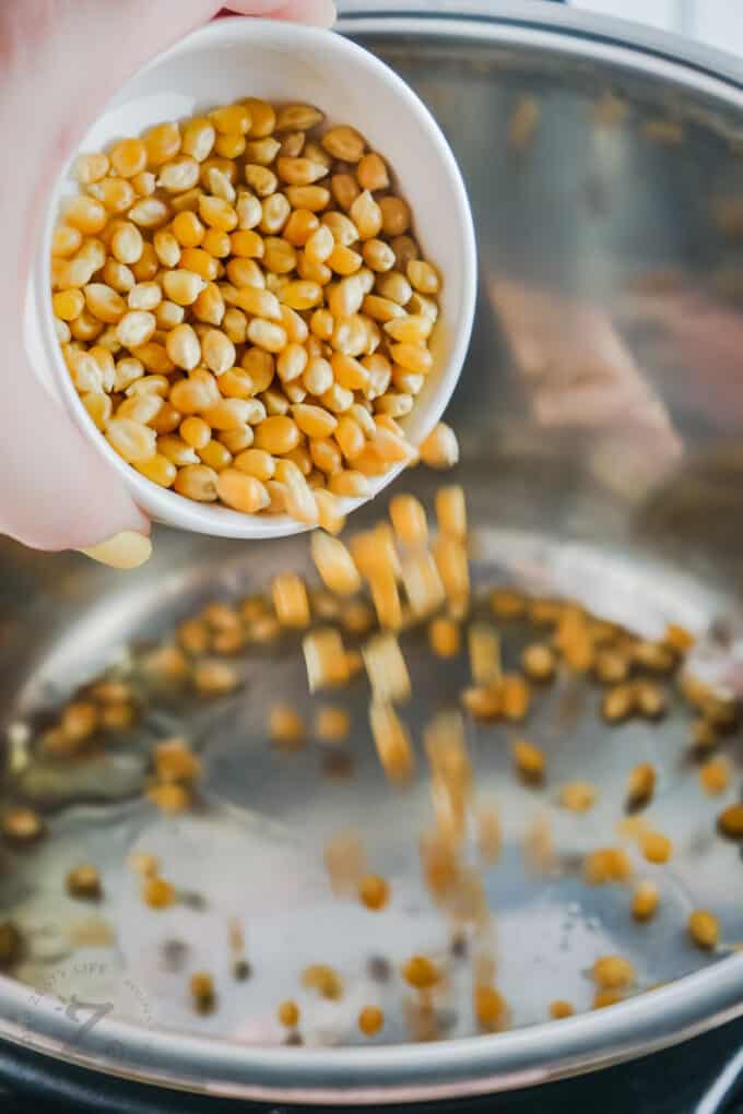 adding kernels to pot to make Instant Pot Popcorn