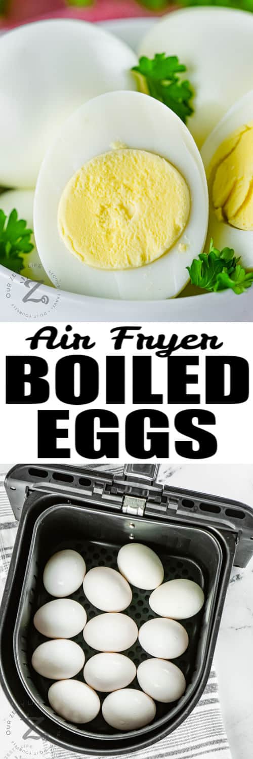 Air Fryer Boiled Eggs in the fryer and plated with a title