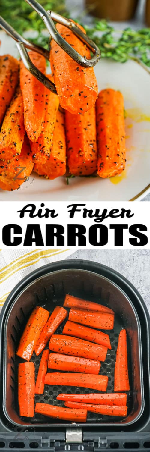 Air Fryer Carrots in the fryer and plated with a title