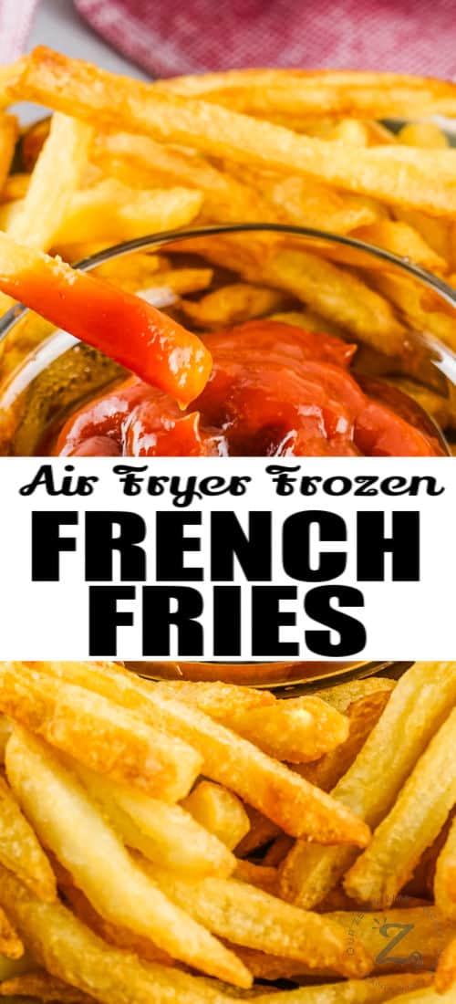 close up of dipping Air Fryer Frozen French Fries in ketchup with a title
