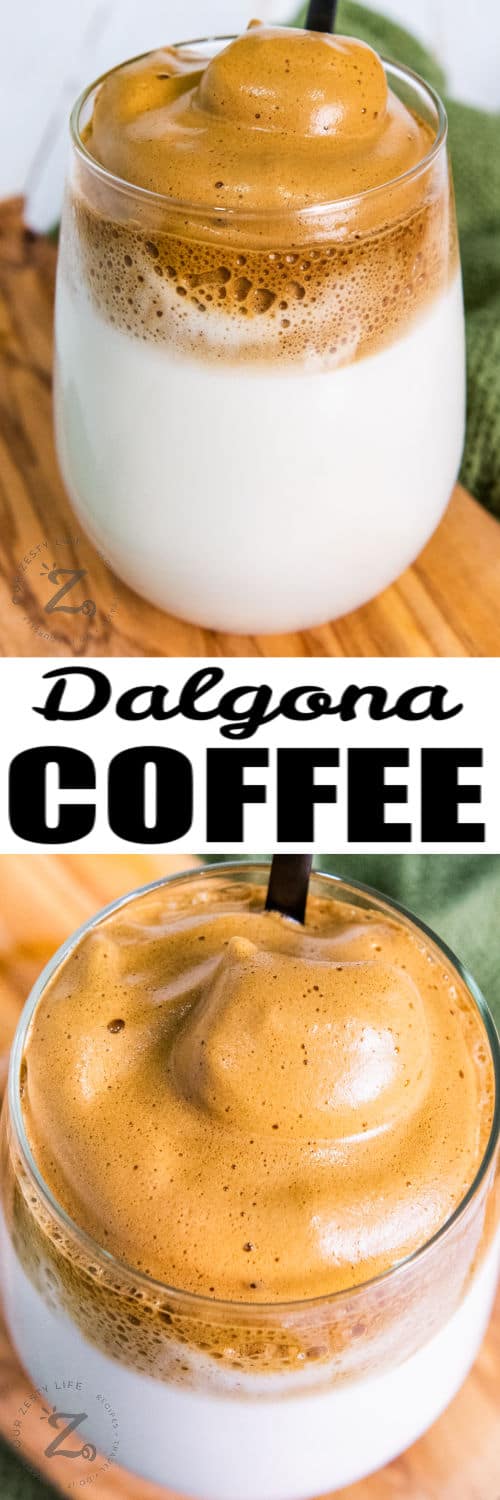 glass of Dalgona Coffee and close up photo with a title