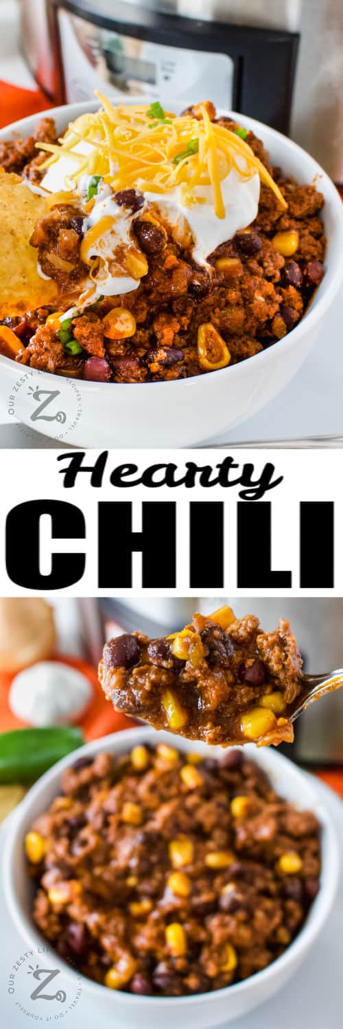 bowl of Easy Crockpot Black Bean Chili and photo with chili on a spoon with a title