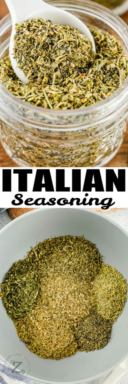 spices in a bowl and jar of Homemade Italian Seasoning with a title