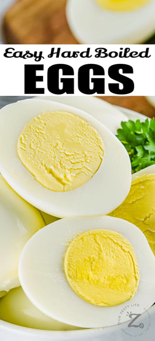 close up of sliced Instant Pot Eggs in a bowl with writing
