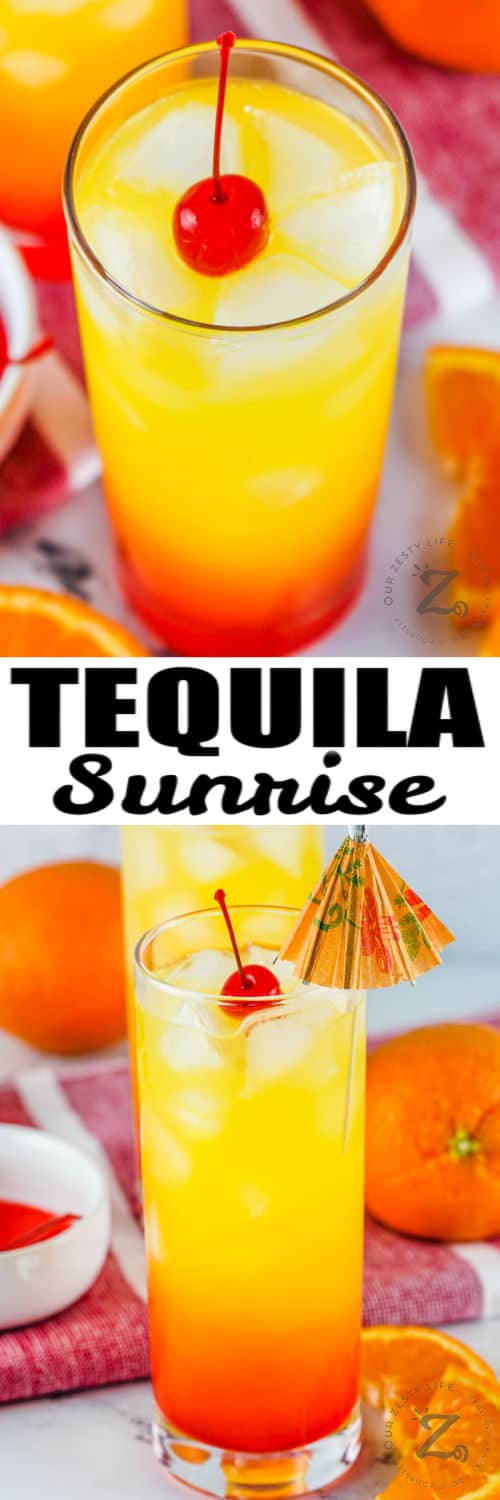 Tequila Sunrise in a glass and close up with a title