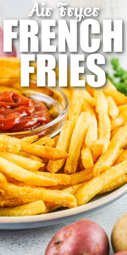 Air Fryer Frozen French Fries on a plate with ketchup in the center, with writing