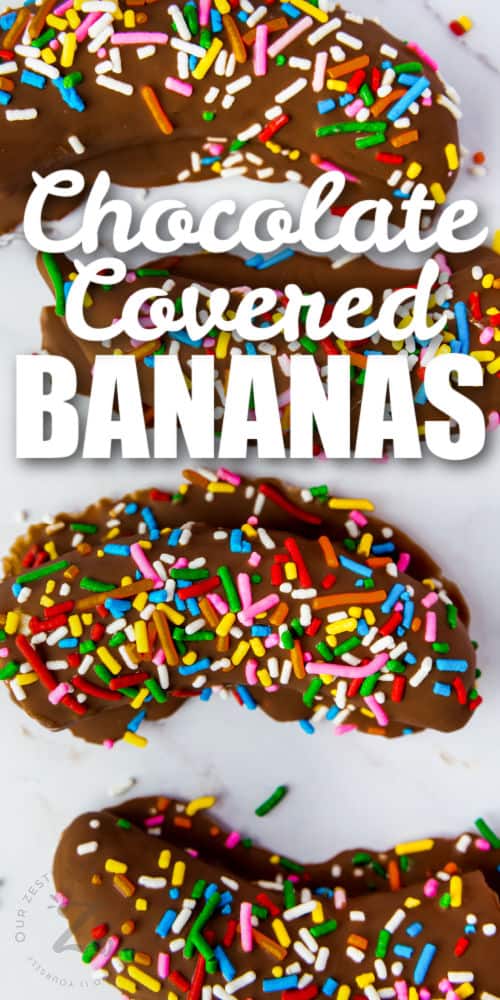 Chocolate Dipped Bananas with sprinkles and writing