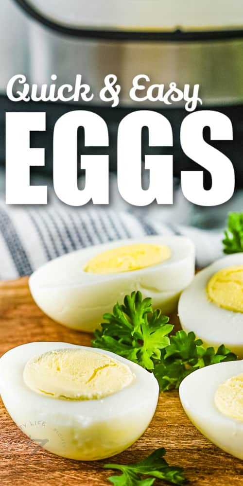Instant Pot Eggs cooked with instant pot in the back with writing
