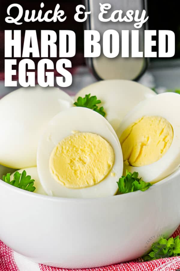 bowl of Air Fryer Boiled Eggs with writing