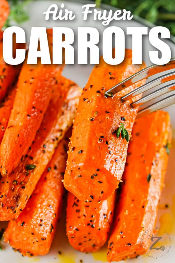 close up of plated Air Fryer Carrots with a title