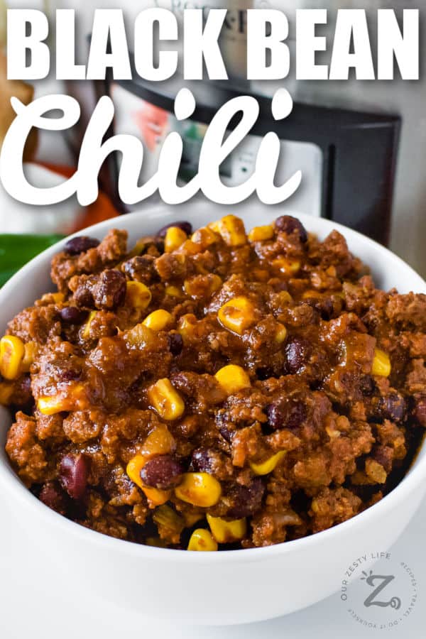 plated Easy Crockpot Black Bean Chili with a title