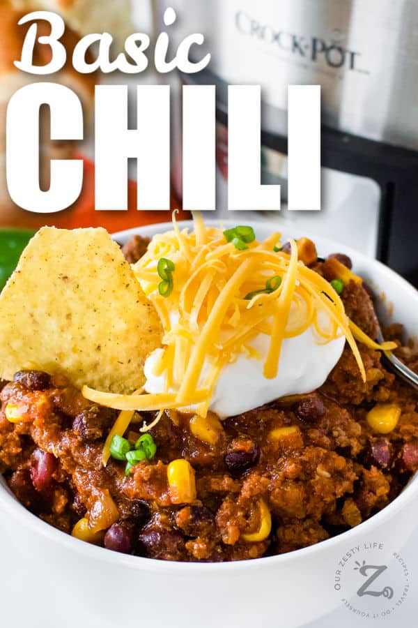 bowl of Easy Crockpot Black Bean Chili with a title