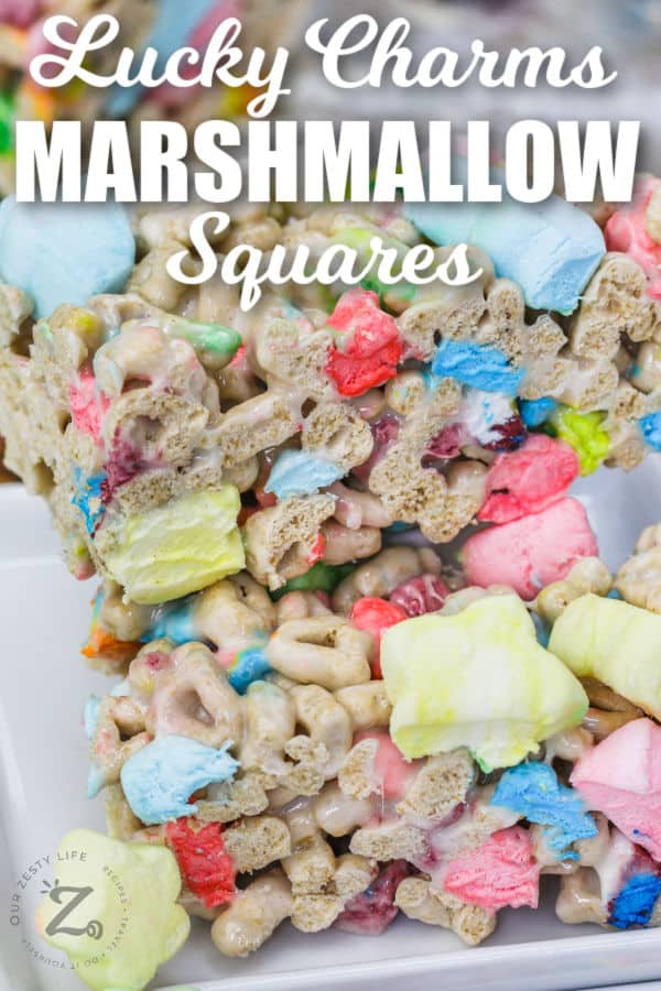 close up of Lucky Charms Marshmallow Treats with writing