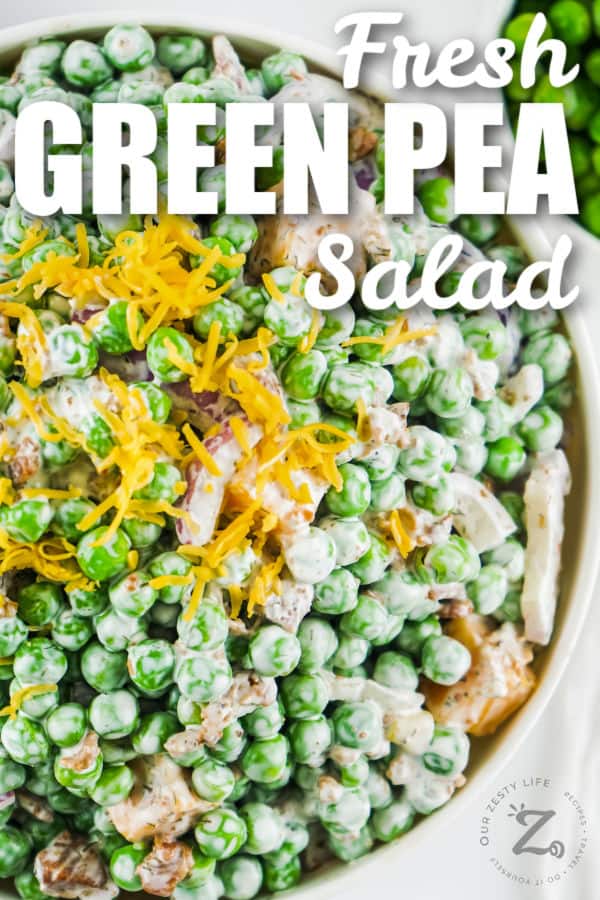 close up of Pea Salad in a bowl with writing