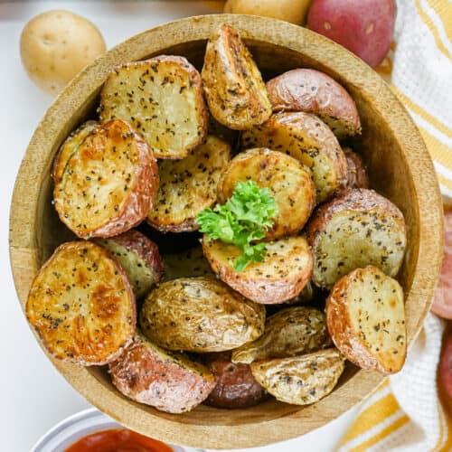 top view of Air Fryer Roasted Potatoes in a bowl