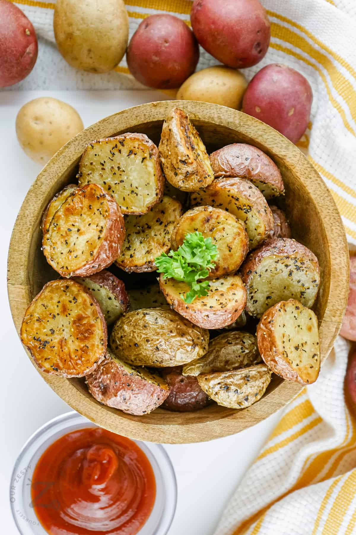 top view of Air Fryer Roasted Potatoes in a bowl