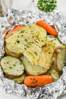 close up of open Cabbage and Potato Foil Packs