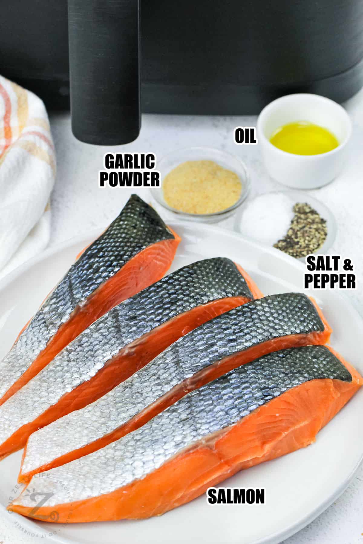 salmon , garlic powder , oil and salt with pepper with labels to make Air Fryer Salmon