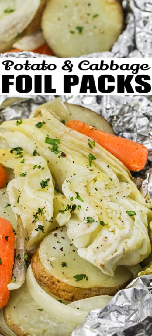 Cabbage and Potato Foil Packs with a title