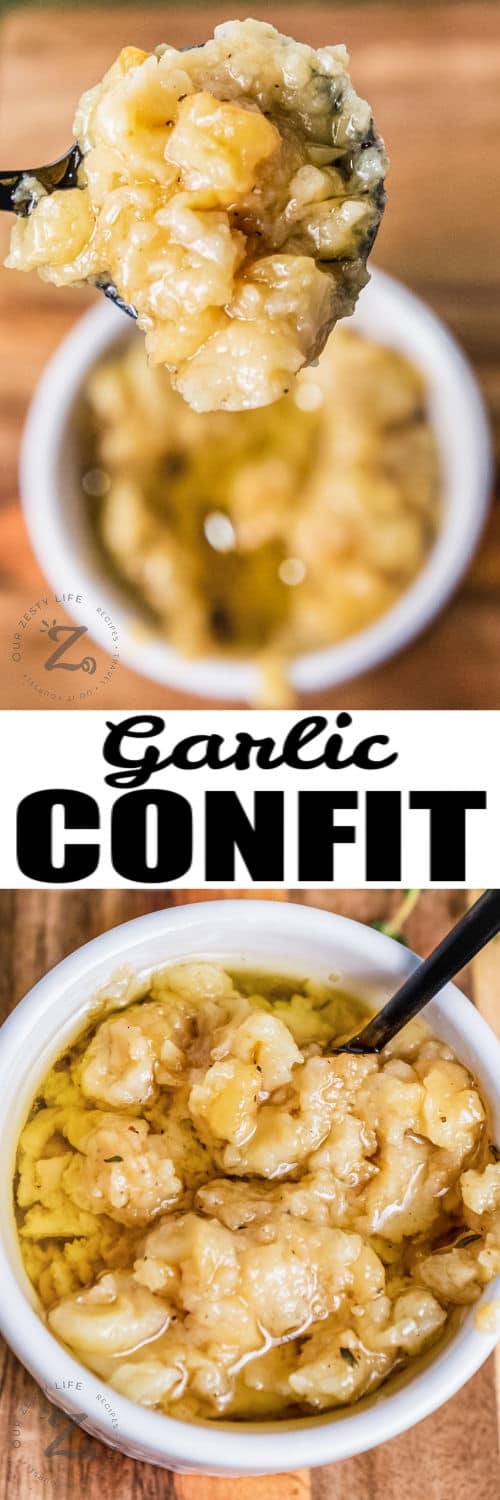 Garlic Confit in a bowl and on a spoon with a title